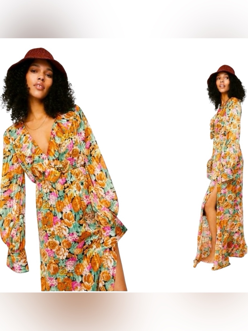 Nasty Gal Maxi Dress 6 Floral Boho Cottagecore Ruffle Metallic Long Sleeve